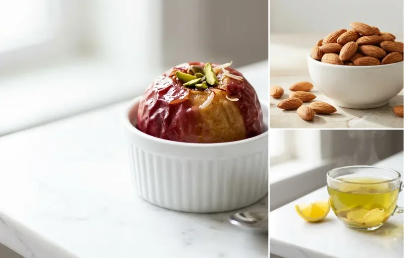 Apple with Handful of Almonds with Green Tea