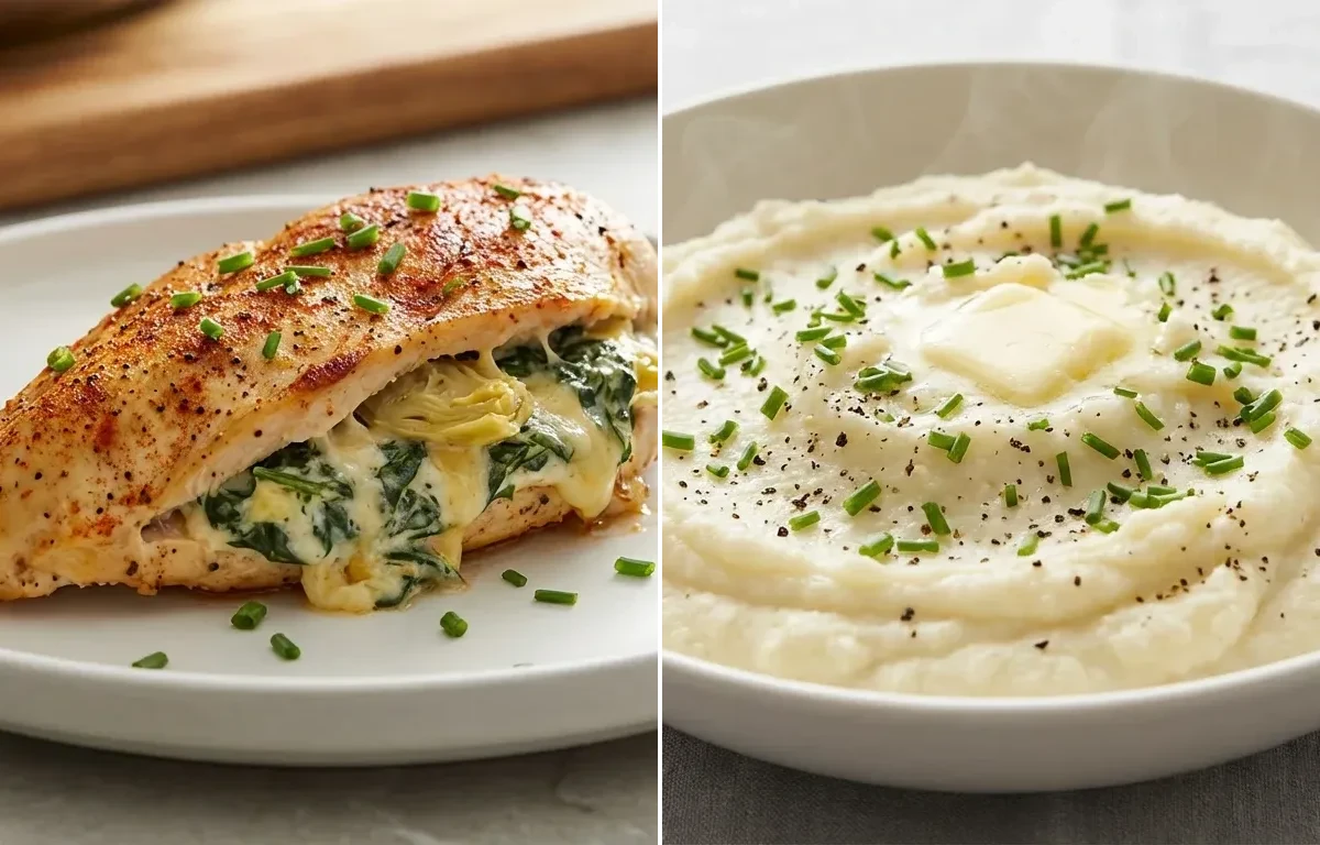 Artichoke Spinach Stuffed Chicken with Mashed Cauliflower