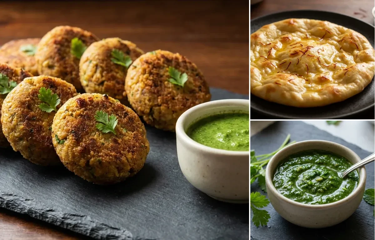 Arvi Kebab with Saffron Sheermal and Coriander Mint Chutney
