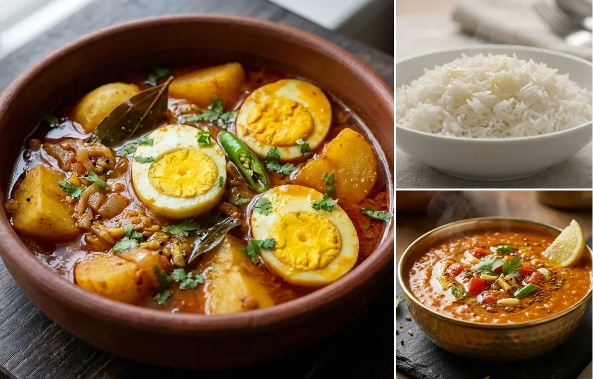 Assamese Egg Curry with Steamed Basmati Rice and Masoor Dal Tadka