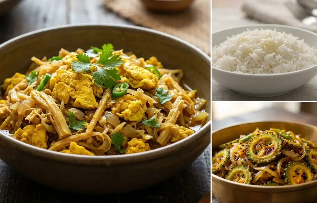 Assamese Eggs with Fermented Bamboo Shoot with Steamed Basmati Rice and Tita Karela Bhaji