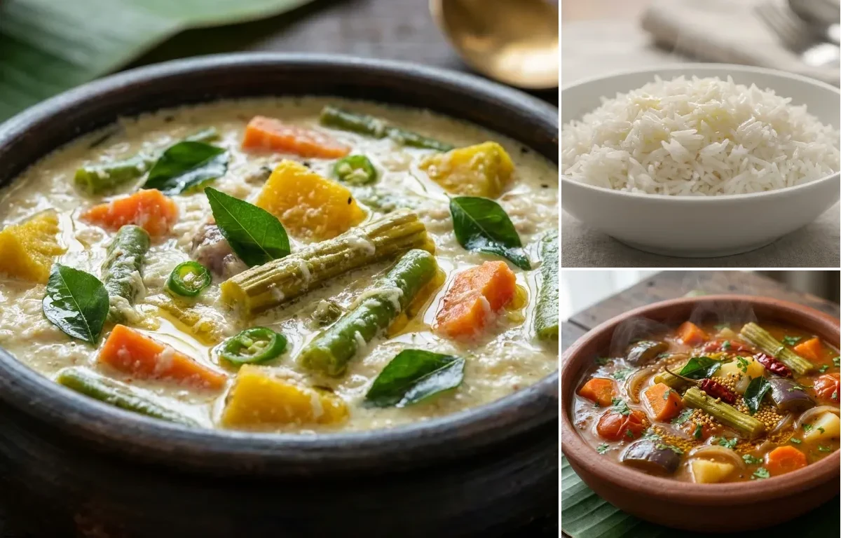 Avial with Steamed Basmati Rice and Vegetable Sambar