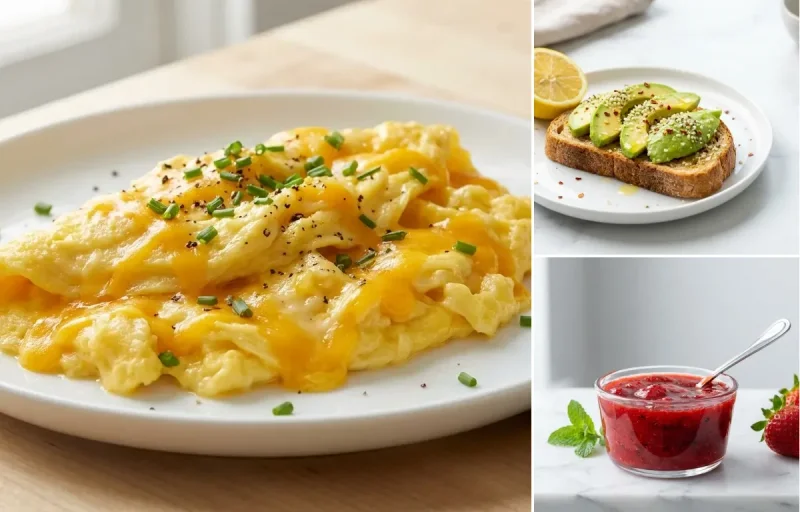 Avocado Toast with Cheesy Scrambled Eggs with Fresh Strawberry Topping