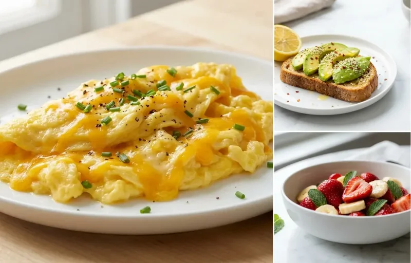 Avocado Toast with Cheesy Scrambled Eggs with Strawberries and Banana