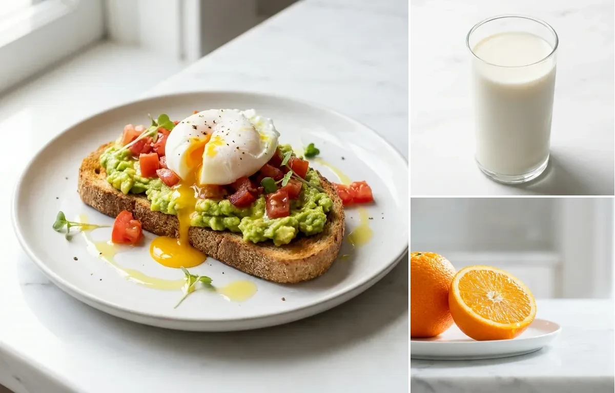 Avocado Toast with Poached Egg with Fresh Orange Snack with Glass of Milk