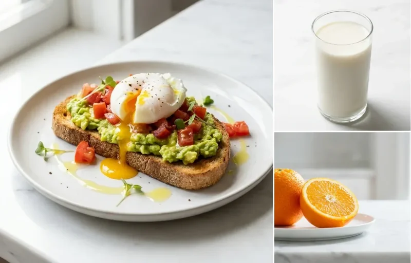 Avocado Toast with Poached Egg with Fresh Orange Snack with Glass of Milk