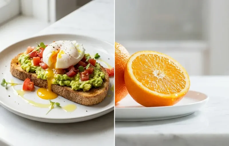 Avocado Toast with Poached Egg with Fresh Orange Snack