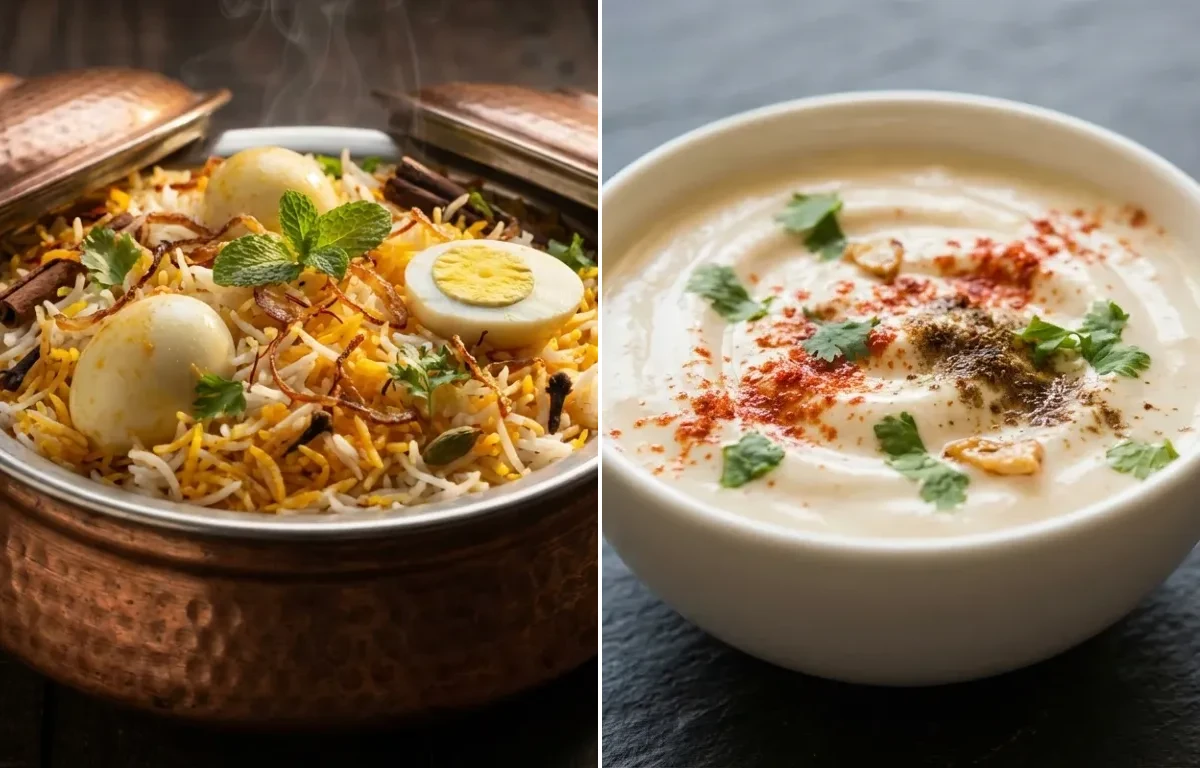 Awadhi Anda Biryani with Burani Raita