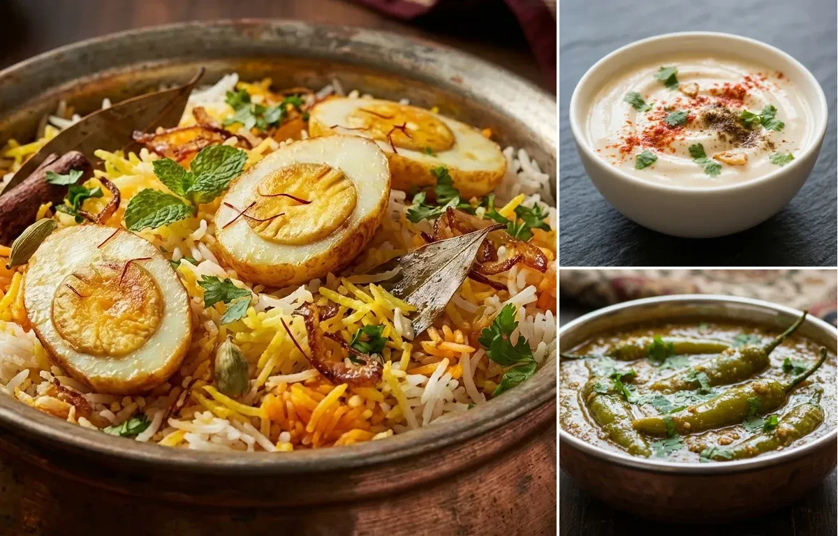 Awadhi Egg Biryani with Burani Raita and Mirchi ka Salan