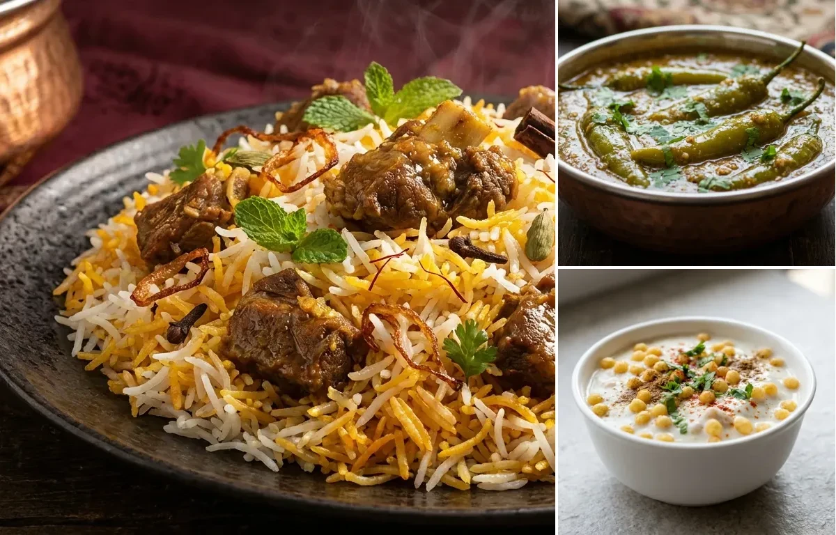 Awadhi Mutton Biryani with Mirchi ka Salan and Boondi Raita