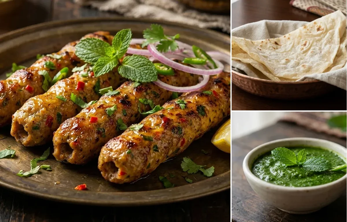 Awadhi Seekh Kebab with Roomali Roti and Mint Chutney