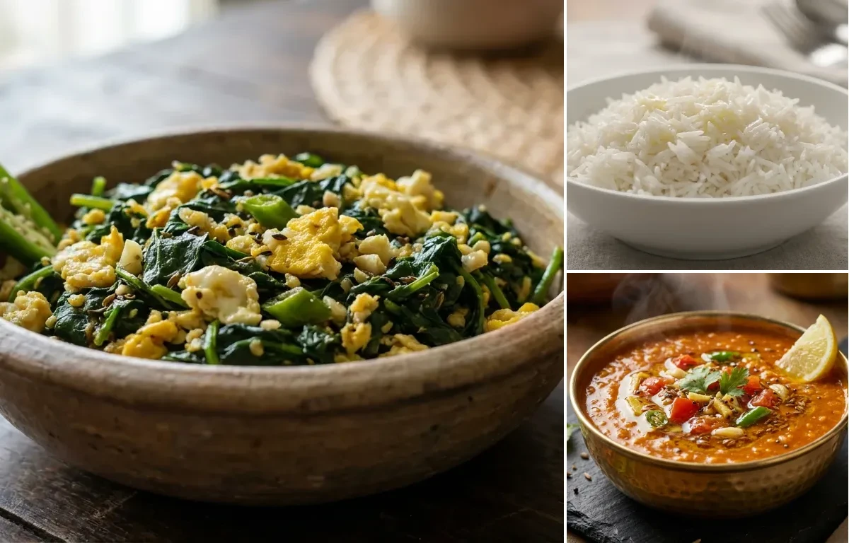Babori Xaak logot Koni with Steamed Basmati Rice and Masoor Dal Tadka