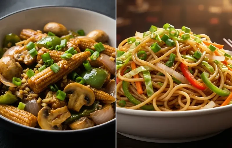 Baby Corn Mushroom Chilli with Veg Hakka Noodles