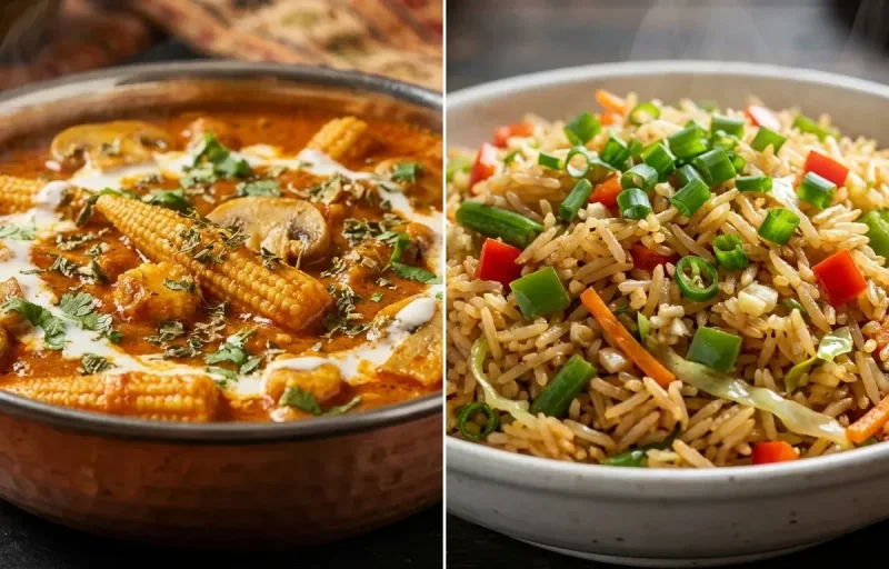 Baby Corn Mushroom Masala with Veg Fried Rice