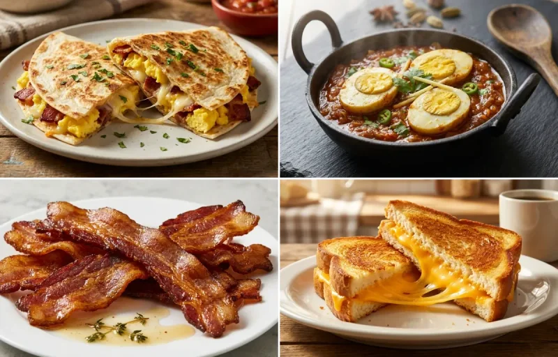 Bacon and Egg Quesadilla with Egg Masala Fry, Pan-Fried Bacon and Grilled Cheese