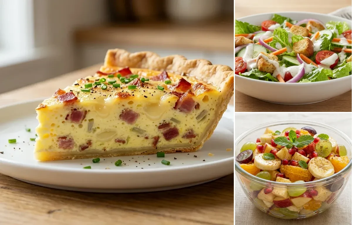 Bacon and Swiss Quiche with Side Salad and Fruit Chaat