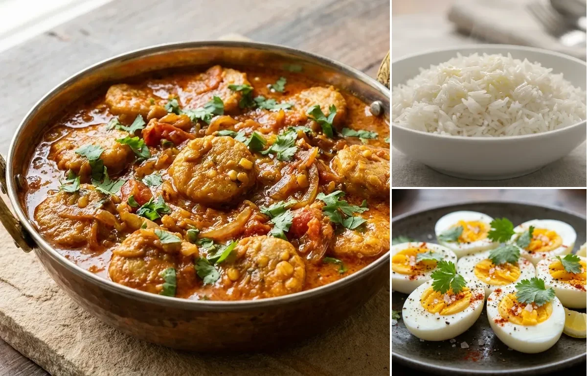Badi ki Sabzi with Steamed Basmati Rice and Boiled Egg