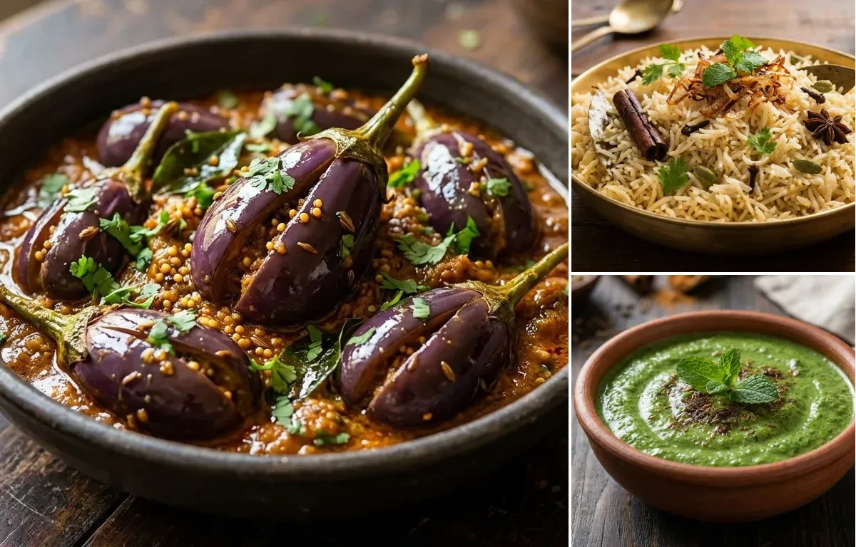 Bagara Baingan with Bagara Rice and Dahi ki Chutney