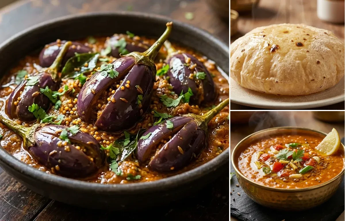 Bagara Baingan with Phulka and Masoor Dal Tadka