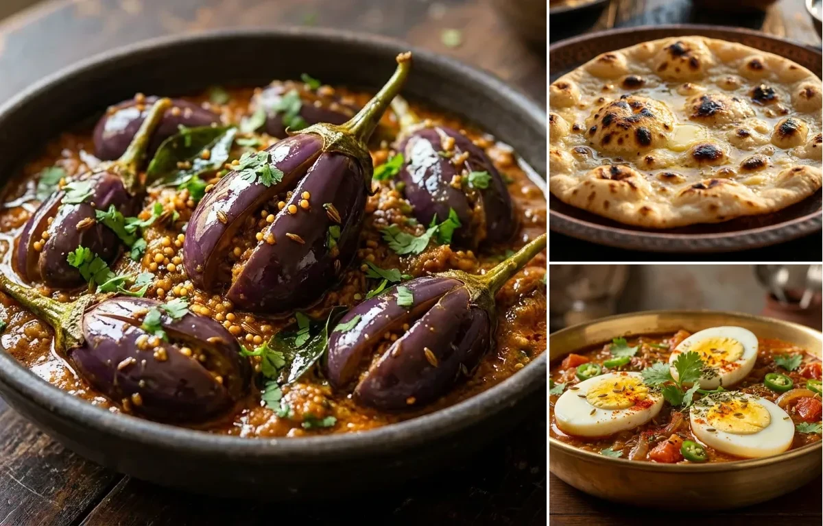 Bagara Baingan with Tandoori Roti and Masala Egg