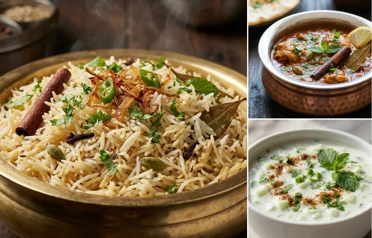 Bagara Khana with Hyderabadi Chicken Masala and Cucumber Raita