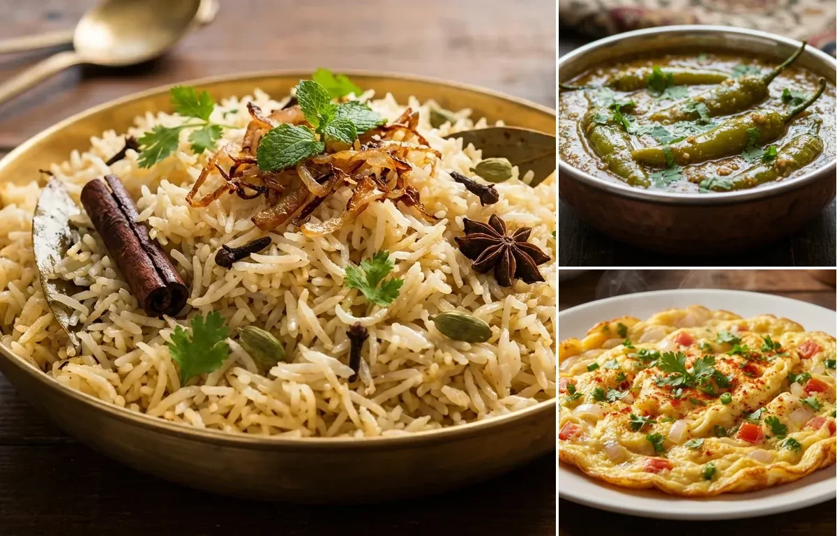 Bagara Rice with Mirchi ka Salan and Masala Omelette