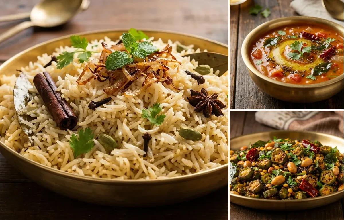 Bagara Rice with Tomato Dal and Bendakaya Vepudu