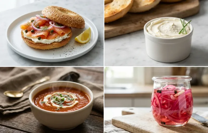 Bagel with Lox and Cream Cheese with Cream Cheese, Tomato Soup, Pickled Red Onions, Chicken Piccata and Filter Coffee