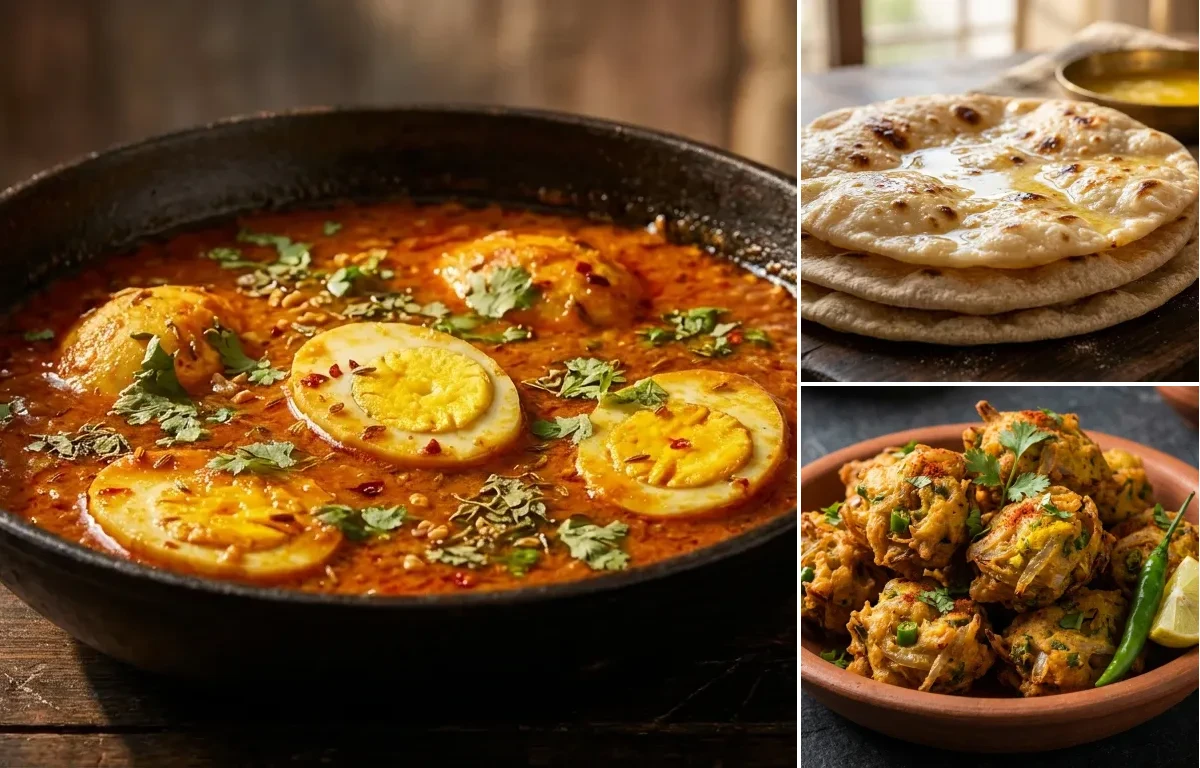 Baida Masala with Chapati and Kanda Bhaji