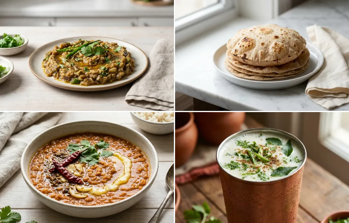 Baingan Bharta with Whole-Wheat Phulka with Masoor Dal with Chaas