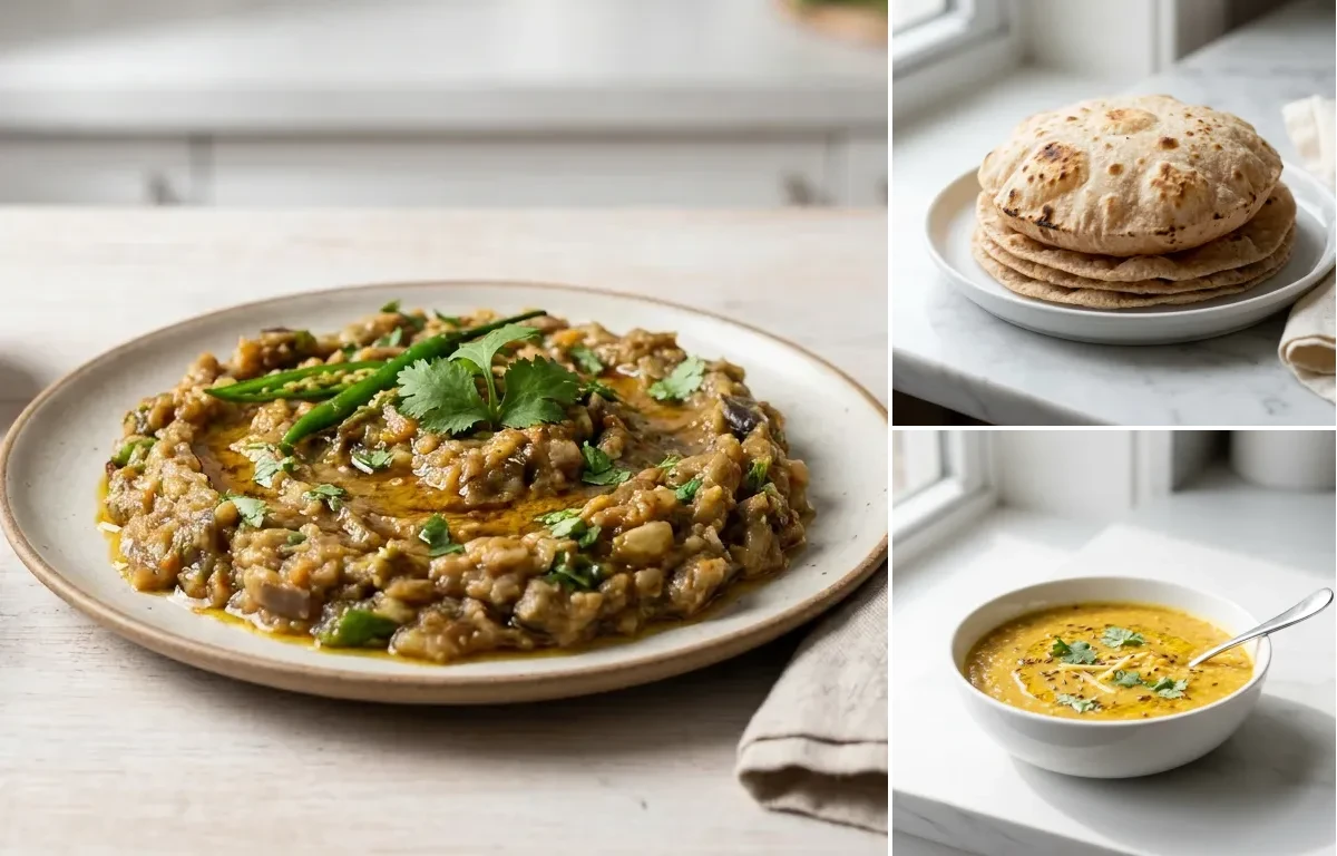 Baingan Bharta with Whole-Wheat Phulka with Toor Dal
