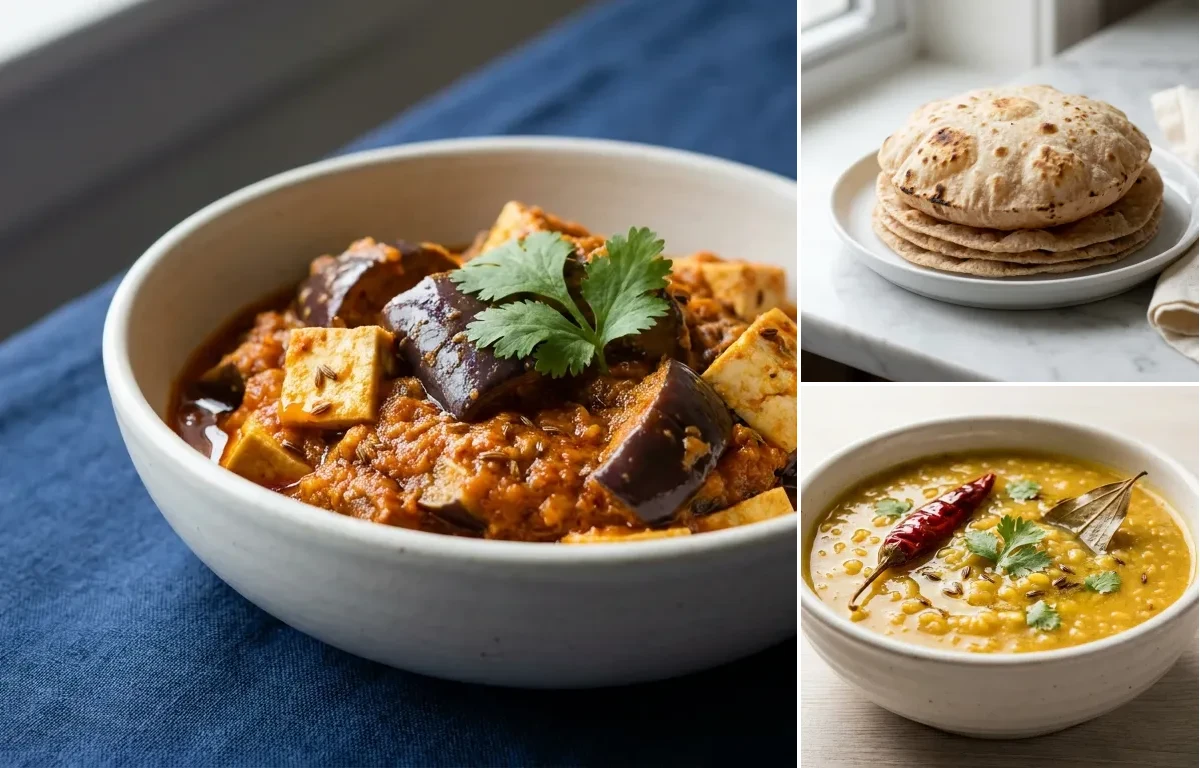 Baingan Tofu Curry with Whole-Wheat Phulka with Moong Dal