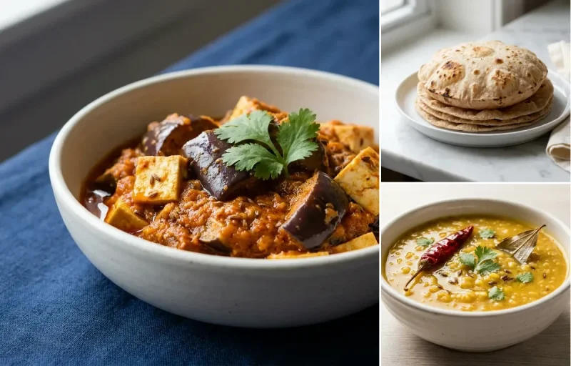 Baingan Tofu Curry with Whole-Wheat Phulka with Moong Dal