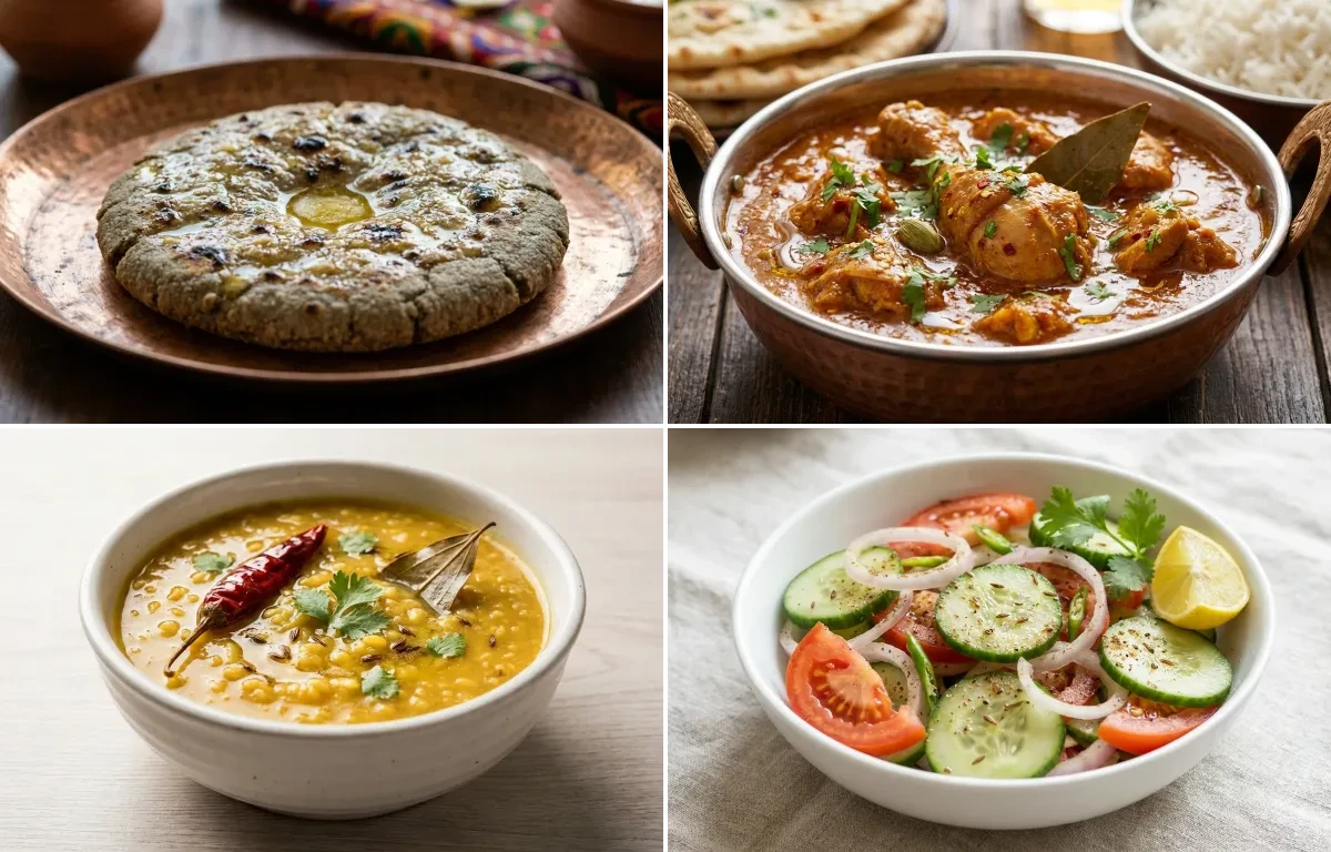 Bajra Roti with Chicken Curry with Moong Dal with Green Salad with Dahi
