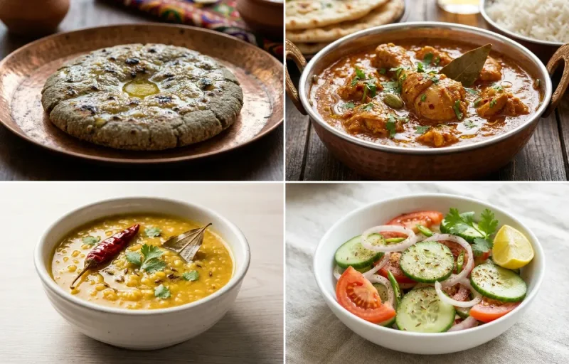 Bajra Roti with Chicken Curry with Moong Dal with Green Salad with Dahi