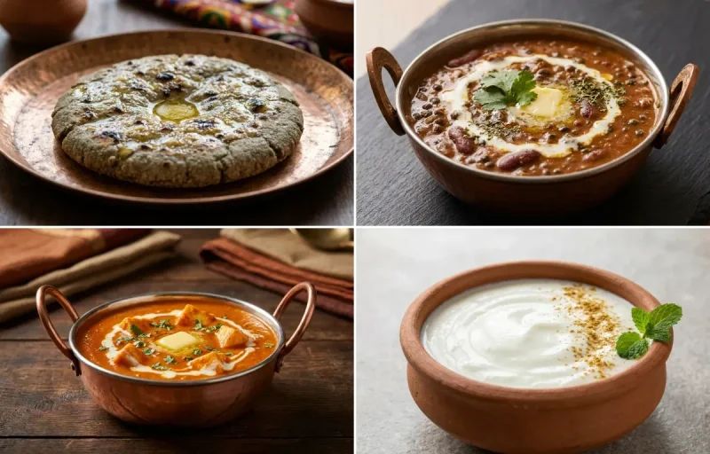 Bajra Roti with Dal Makhani with Paneer Butter Masala with Steamed White Rice with Cucumber Salad with Dahi
