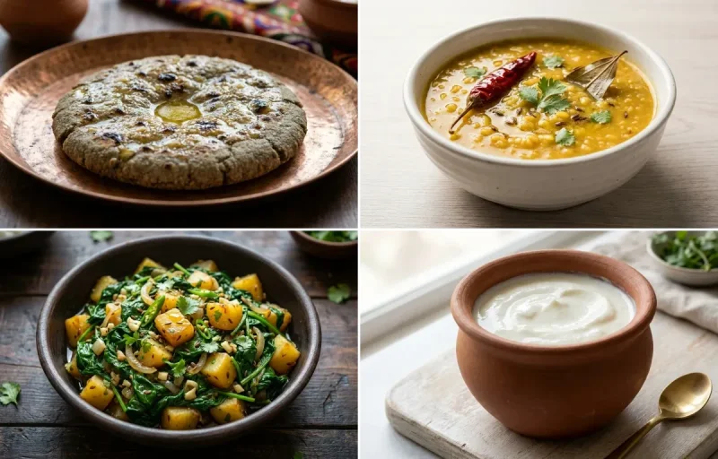 Bajra Roti with Moong Dal with Paleng Xaak Bhaji with Curd