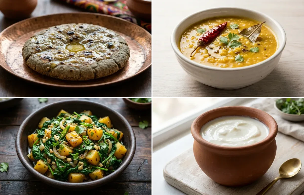 Bajra Roti with Moong Dal with Paleng Xaak Bhaji with Curd