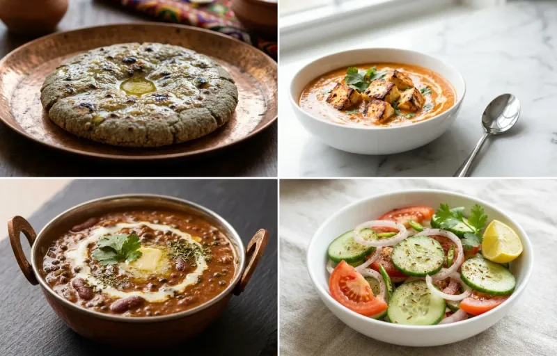 Bajra Roti with Paneer Tikka Masala with Dal Makhani with Steamed White Rice with Green Salad