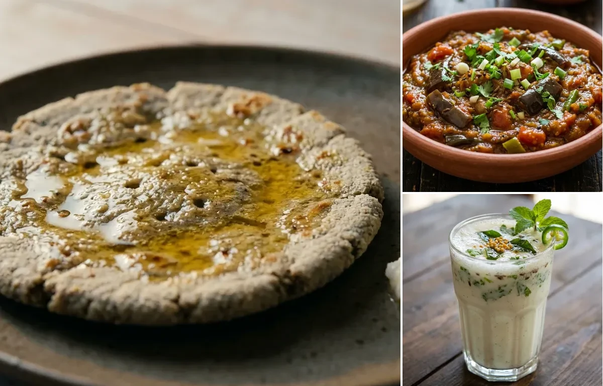 Bajra Rotlo with Ringan no Olo and Masala Chaas