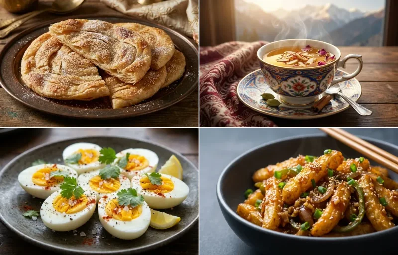 Bakarkhani with Kehwa, Boiled Egg and Honey Chilli Potato