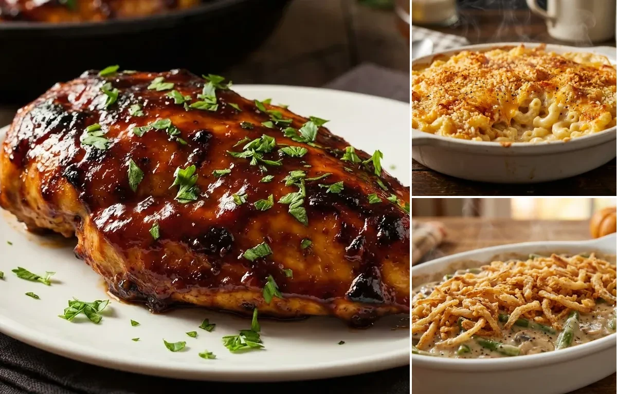 Baked BBQ Chicken with Baked Mac and Cheese and Green Bean Casserole