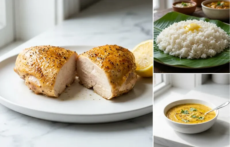 Baked Chicken Breast with Steamed White Rice with Toor Dal with Green Salad
