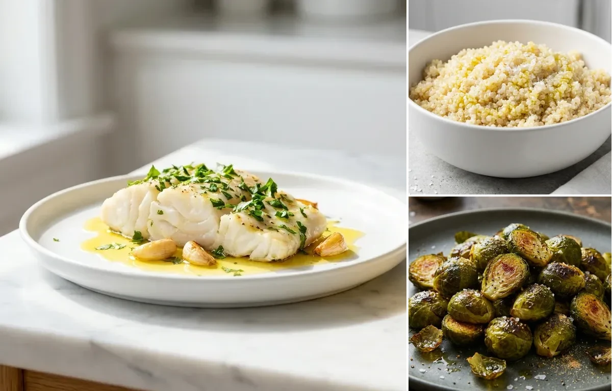 Baked Cod with Herbs with Roasted Brussels Sprouts
