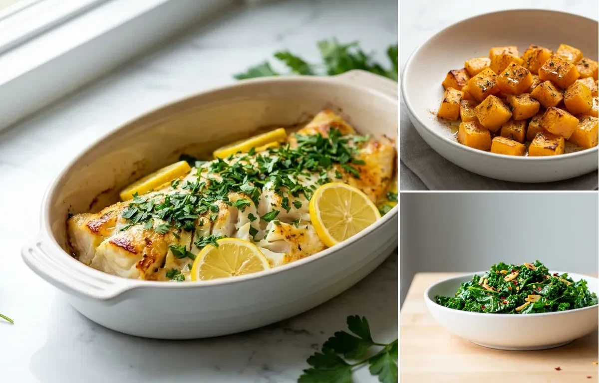 Baked Cod with Lemon and Herbs with Roasted Butternut Squash