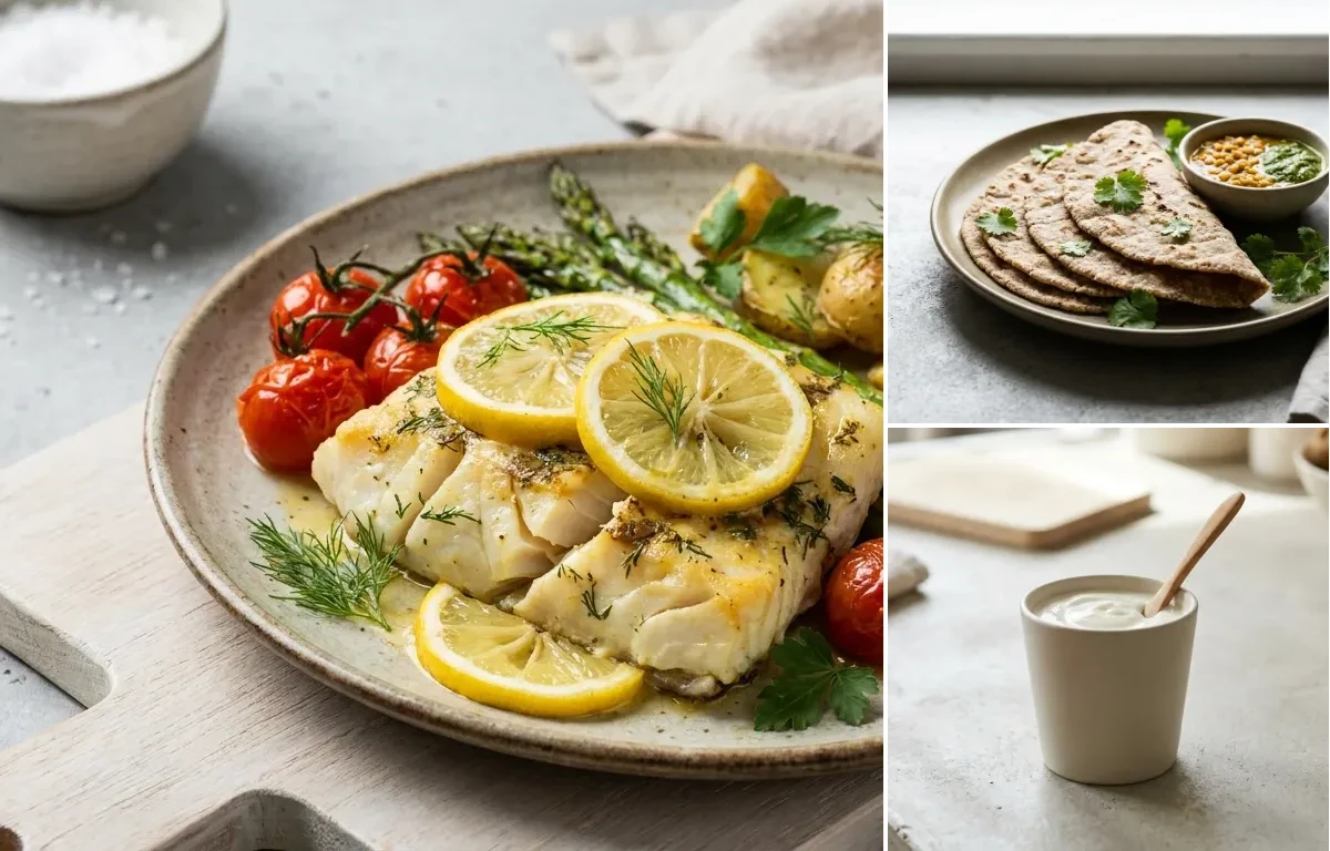 Baked Cod With Lemon with Vegan Jowar Roti and Plain Yogurt Cup
