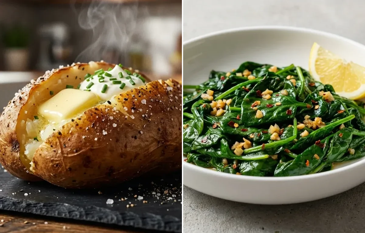 Baked Eggplant Marinara with Baked Potato and Sauteed Spinach with Garlic