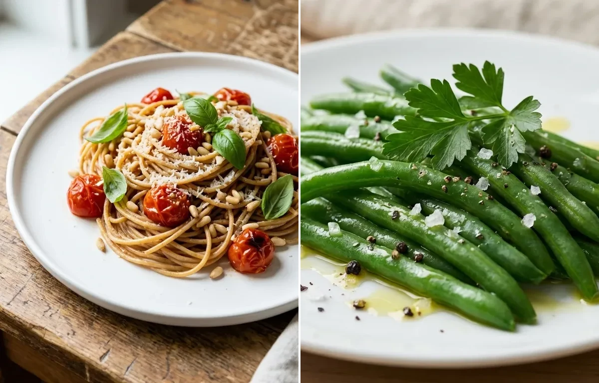 Baked Eggplant Parmesan with Whole Wheat Spaghetti and Steamed Green Beans
