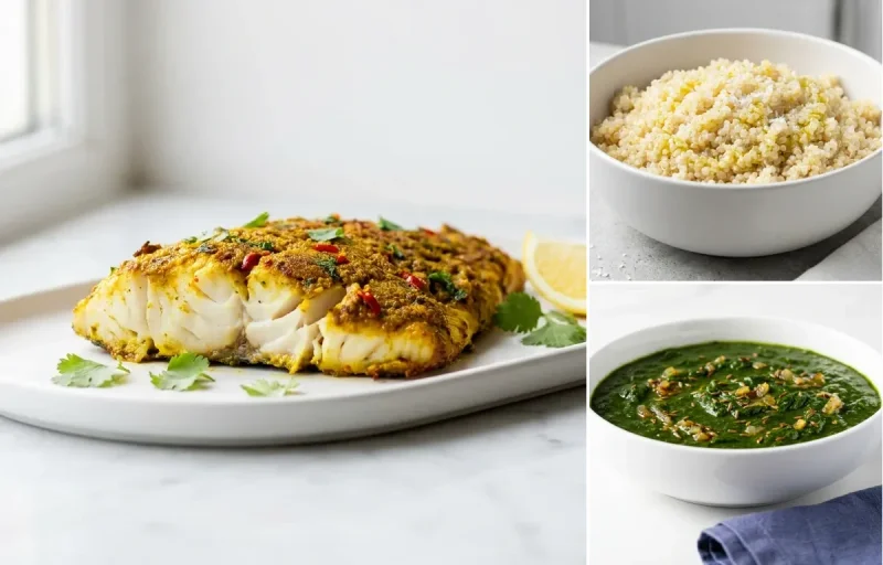 Baked Fish Masala with Quinoa with Jeera Palak