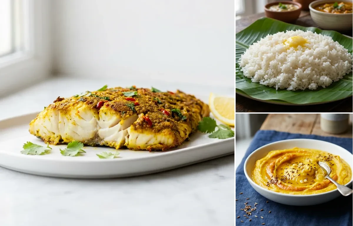 Baked Fish Masala with Steamed Rice with Mashed Pumpkin